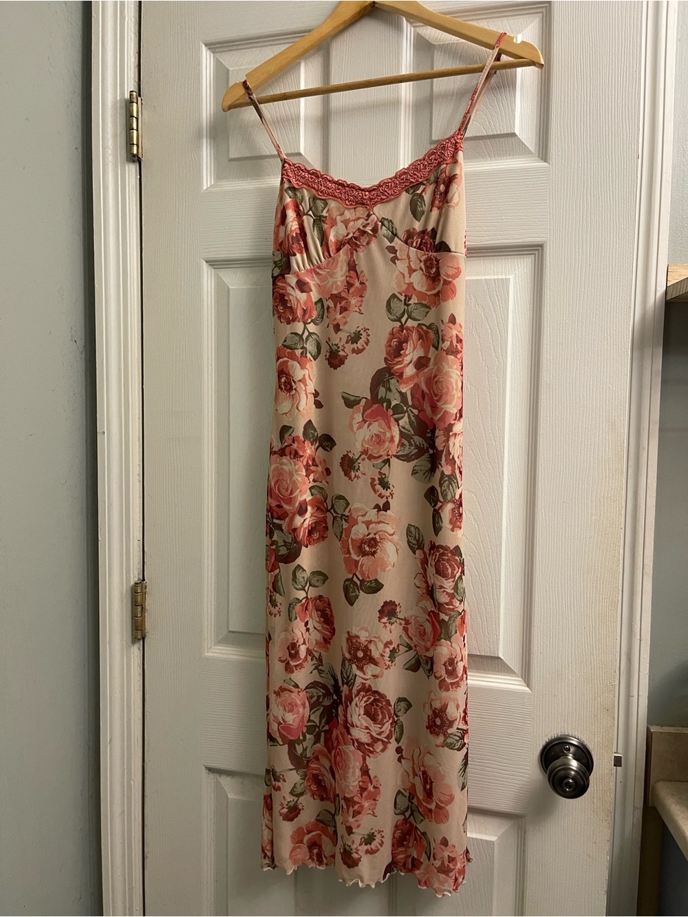 Floral Slip Maxi Dress with Lace Trim in Blush Rose